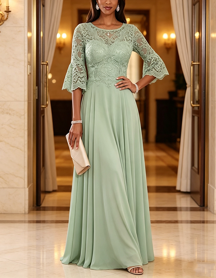 Sage Green Round Neck Bell Sleeve Lace Chiffon A-Line Maxi Dress