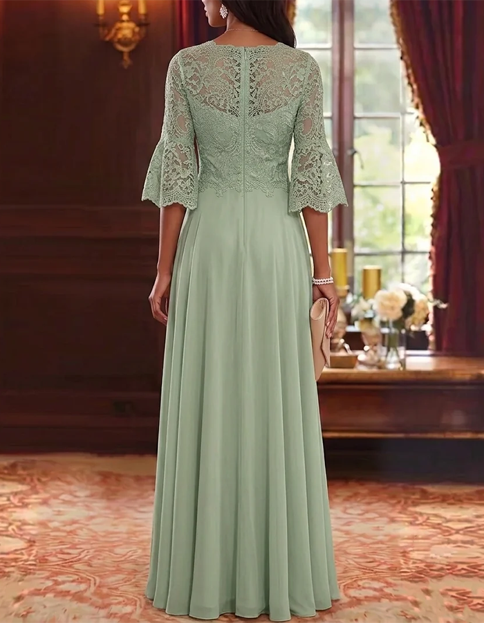 Sage Green Round Neck Bell Sleeve Lace Chiffon A-Line Maxi Dress