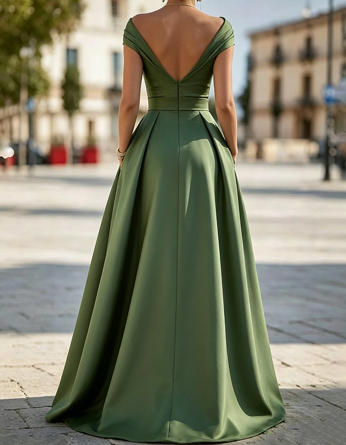 Olive Green Off-Shoulder Wrap V-Neck Satin A-Line Slit Maxi Dress