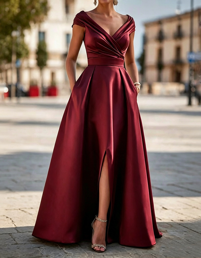 Olive Green Off-Shoulder Wrap V-Neck Satin A-Line Slit Maxi Dress