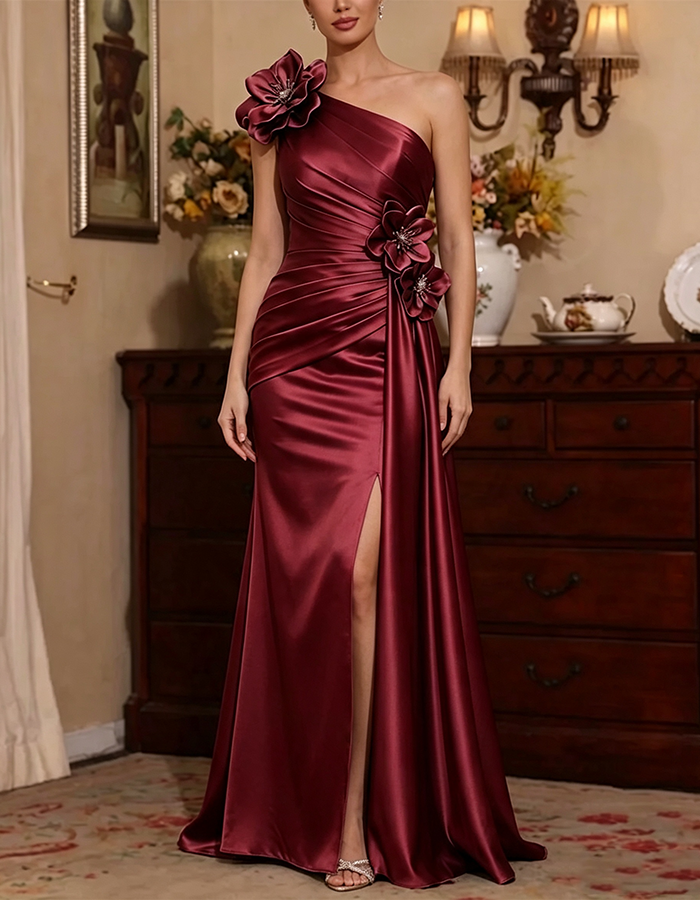 Dusty Lavender One-Shoulder 3D Floral Satin Slit Mermaid Maxi Dress