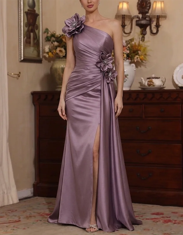 Dusty Lavender One-Shoulder 3D Floral Satin Slit Mermaid Maxi Dress