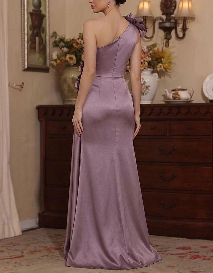Dusty Lavender One-Shoulder 3D Floral Satin Slit Mermaid Maxi Dress