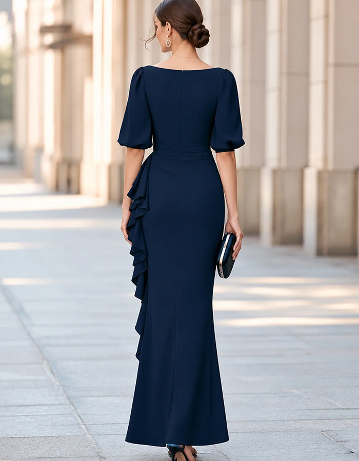 Boat Neck Puff Sleeve Ruched Ruffle Split Maxi Dress