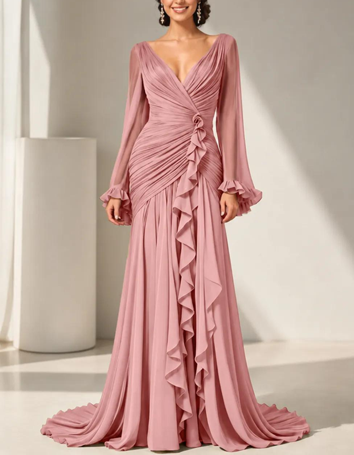 Olive Green Pleated Chiffon Maxi Dress