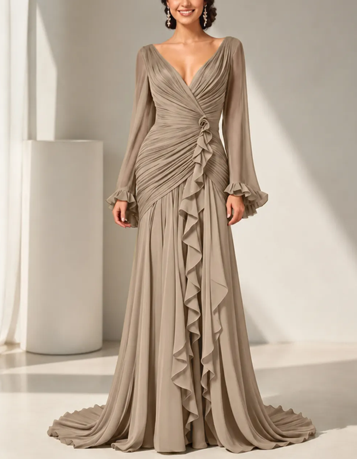 Olive Green Pleated Chiffon Maxi Dress