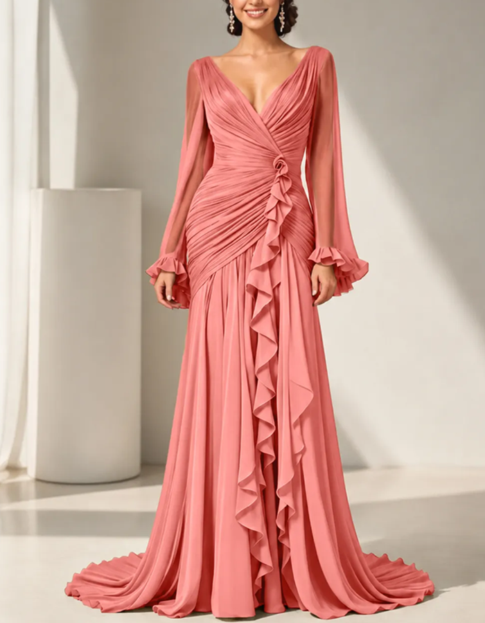Olive Green Pleated Chiffon Maxi Dress