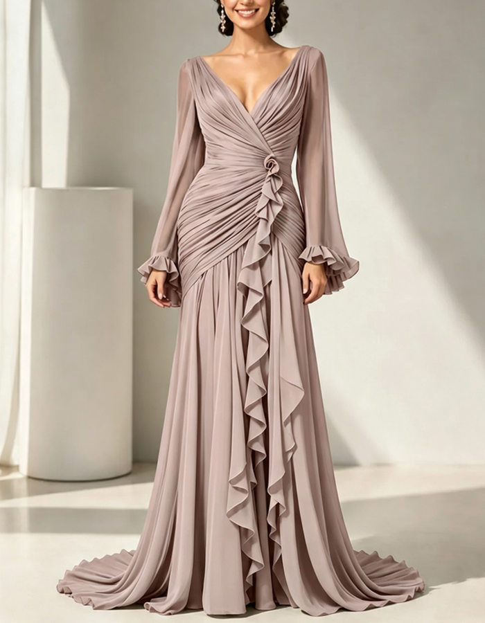 Olive Green Pleated Chiffon Maxi Dress