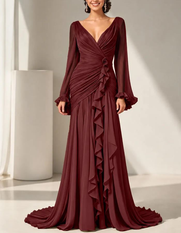 Olive Green Pleated Chiffon Maxi Dress