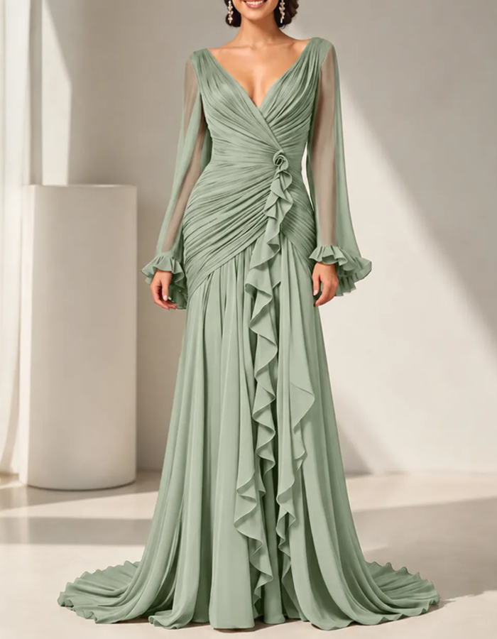 Olive Green Pleated Chiffon Maxi Dress
