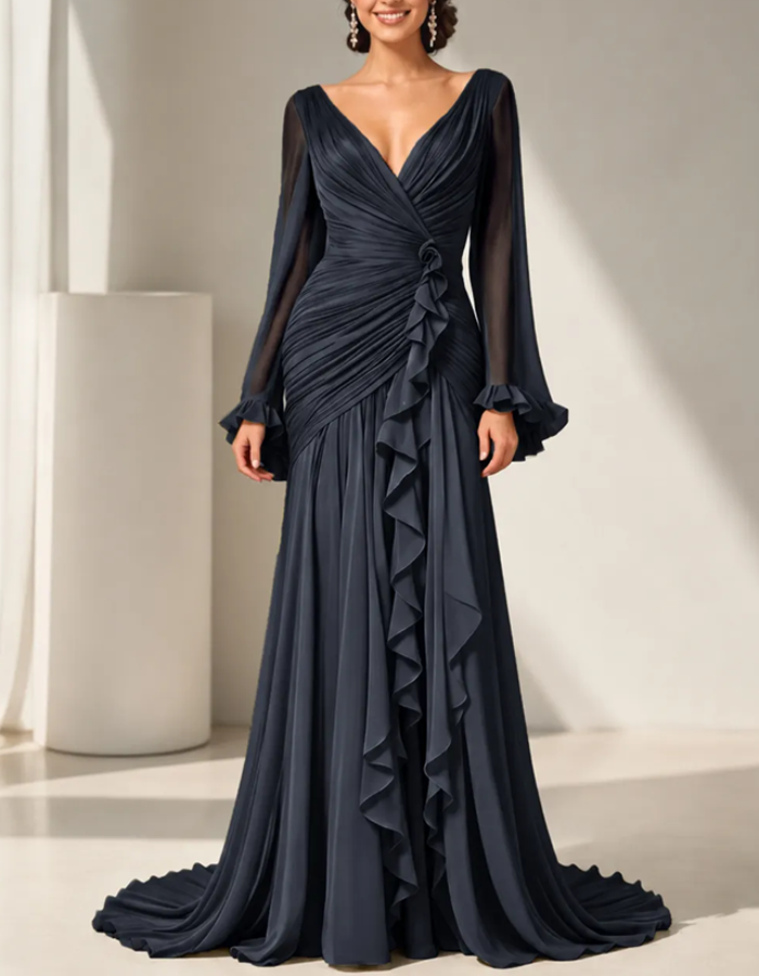 Olive Green Pleated Chiffon Maxi Dress