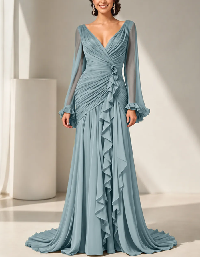 Olive Green Pleated Chiffon Maxi Dress