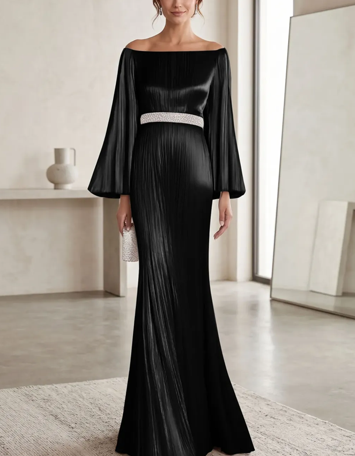 Long-sleeved Off-the-shoulder Satin Maxi Dress