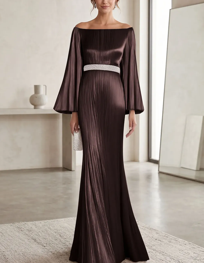 Long-sleeved Off-the-shoulder Satin Maxi Dress