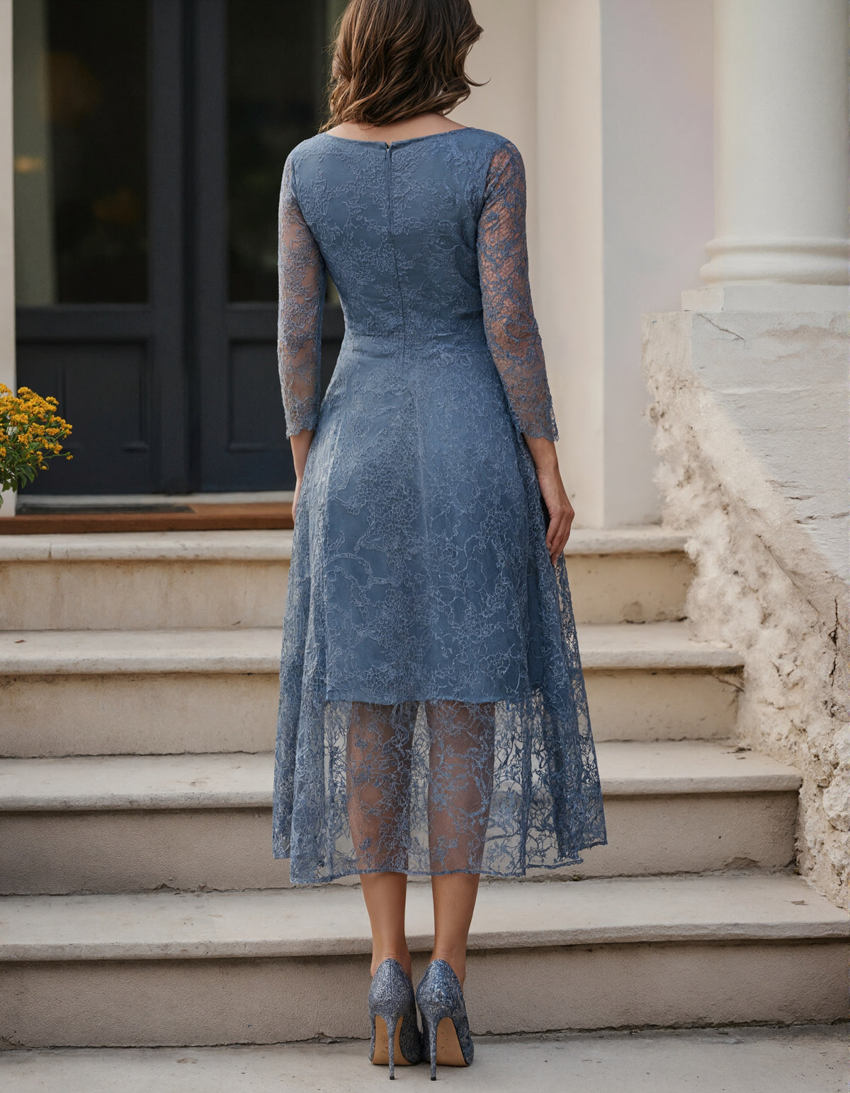 Blue Grey Round Neck Three Quarter Sleeve Lace Maxi Dress