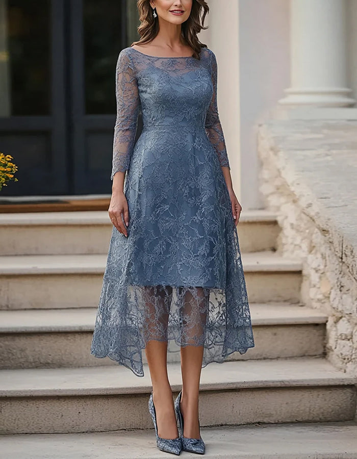 Blue Grey Round Neck Three Quarter Sleeve Lace Maxi Dress
