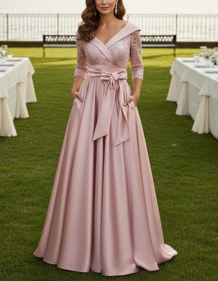 Pink V-Neck Three Quarter Length Lace Satin Maxi Dress