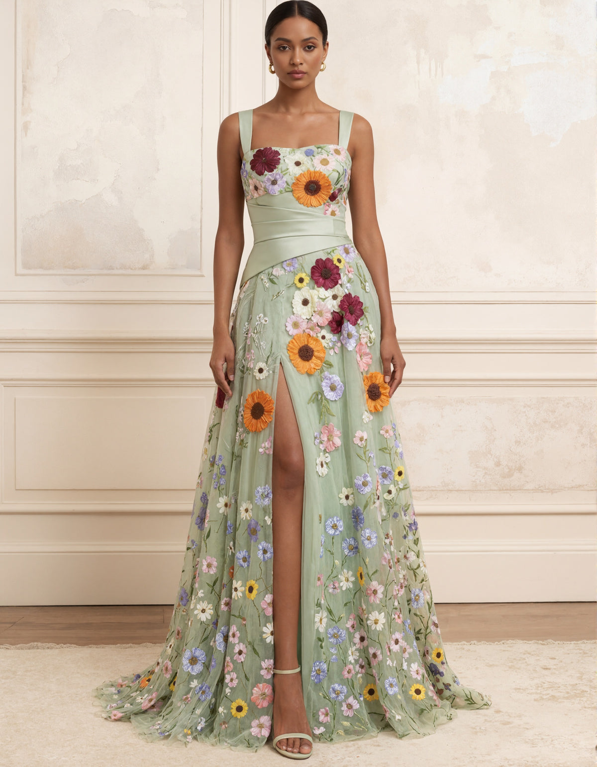 Sage Green Square Neckline With Wide Shoulder Straps 3D Floral Tulle Maxi Dress
