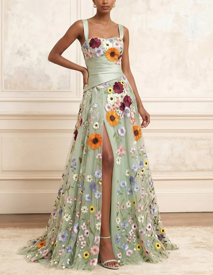 Sage Green Square Neckline With Wide Shoulder Straps 3D Floral Tulle Maxi Dress