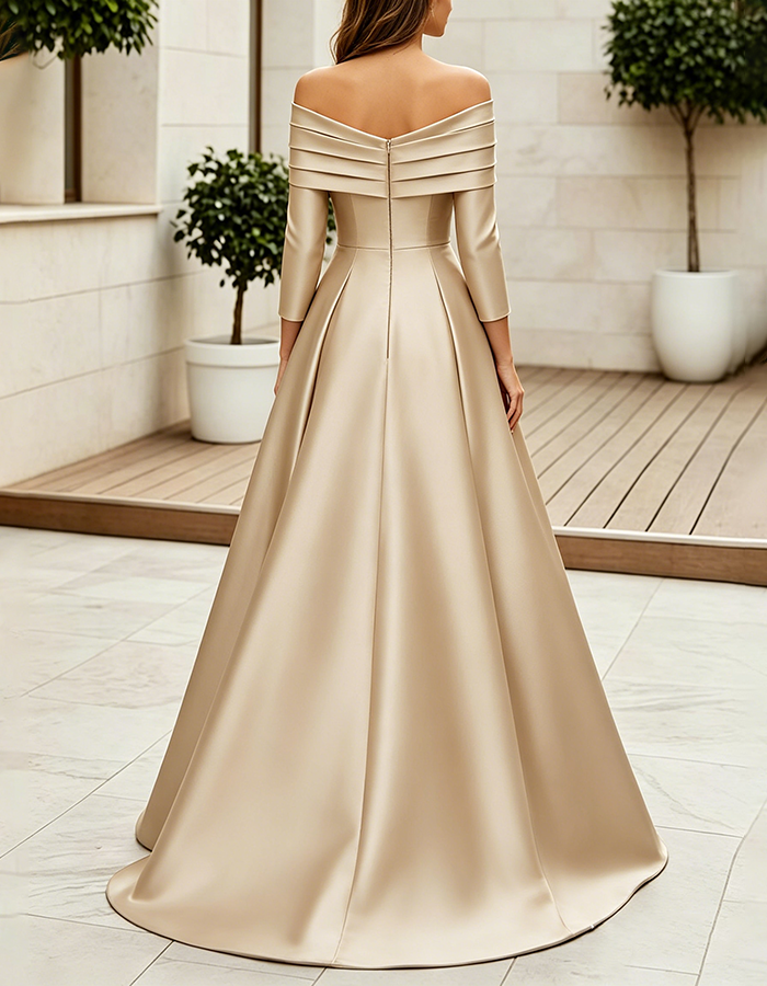 Champagne Gold Off‑the‑Shoulder Pleated Satin A‑Line Maxi Dress