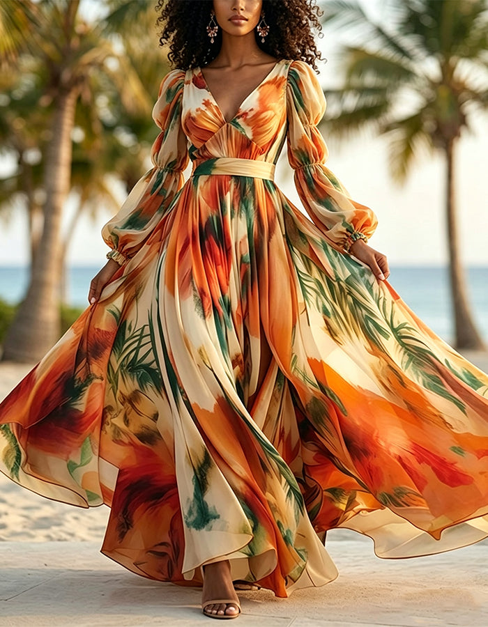Long Sleeve Chiffon With Orange Floral Print And Deep V-Neck Maxi Dress