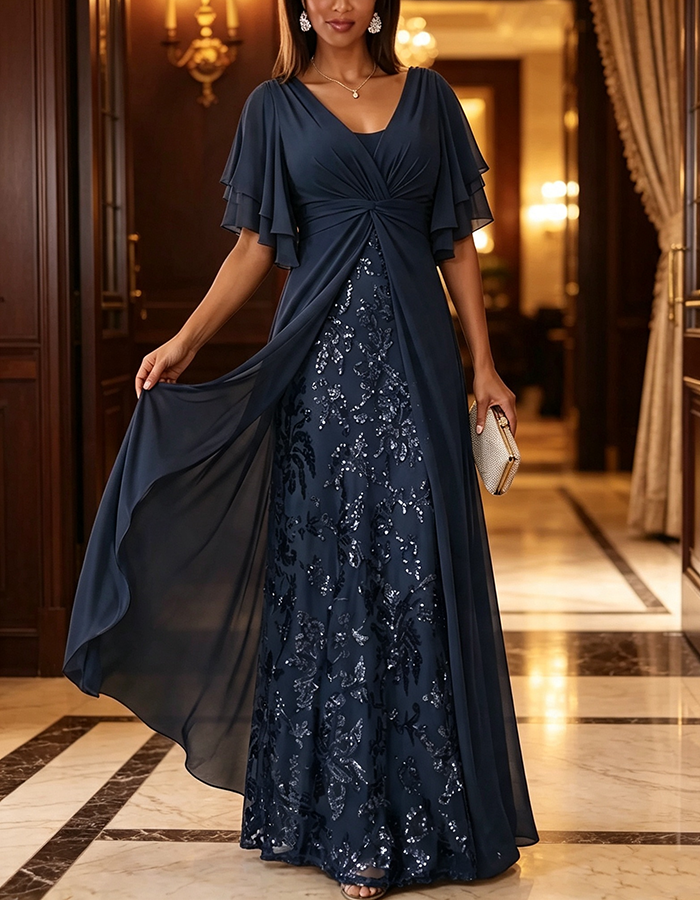 Navy Blue Deep V-Neck Layered Flutter Sleeve Chiffon Sequin Floral A-Line Maxi Dress