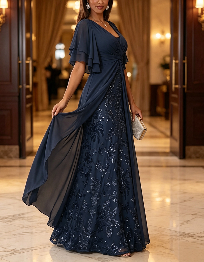 Navy Blue Deep V-Neck Layered Flutter Sleeve Chiffon Sequin Floral A-Line Maxi Dress