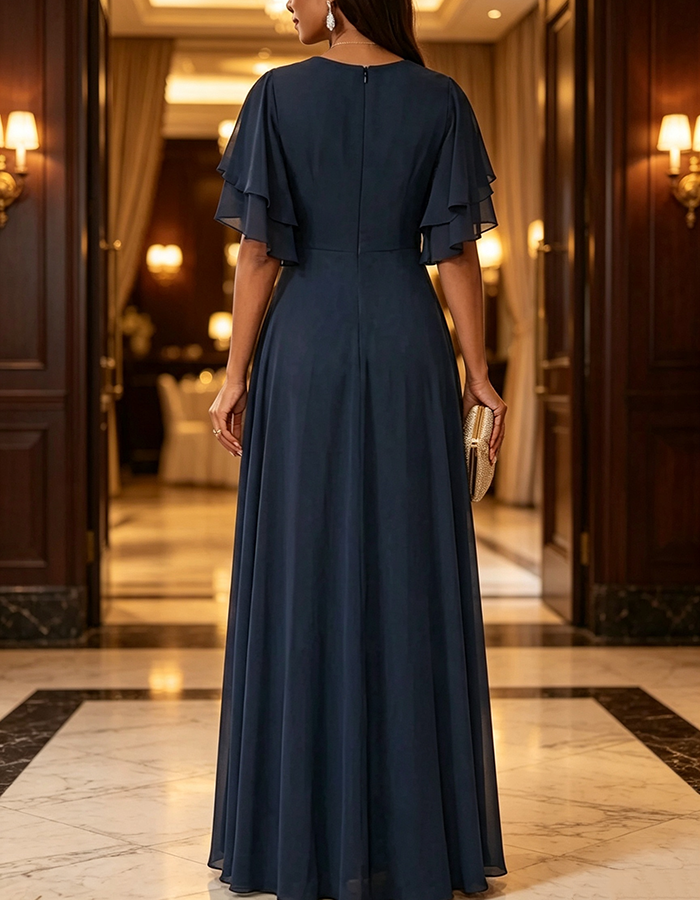 Navy Blue Deep V-Neck Layered Flutter Sleeve Chiffon Sequin Floral A-Line Maxi Dress