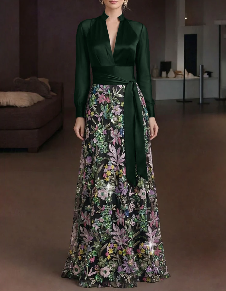 Satin Mesh Deep‑V Floral Embroidered A‑Line Evening Maxi Dress