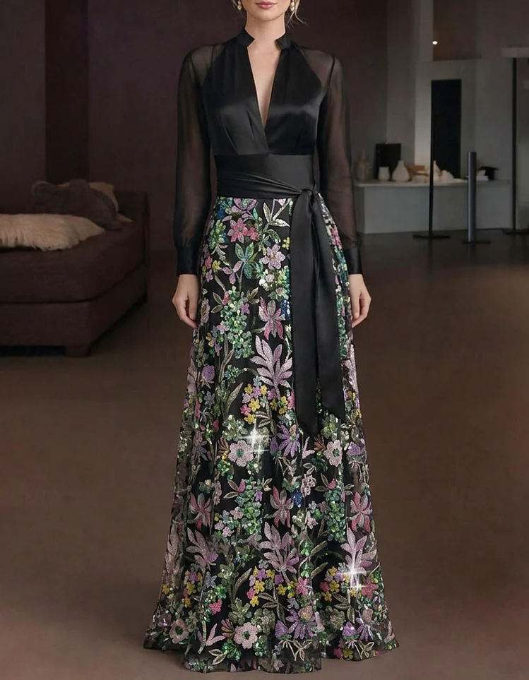Satin Mesh Deep‑V Floral Embroidered A‑Line Evening Maxi Dress