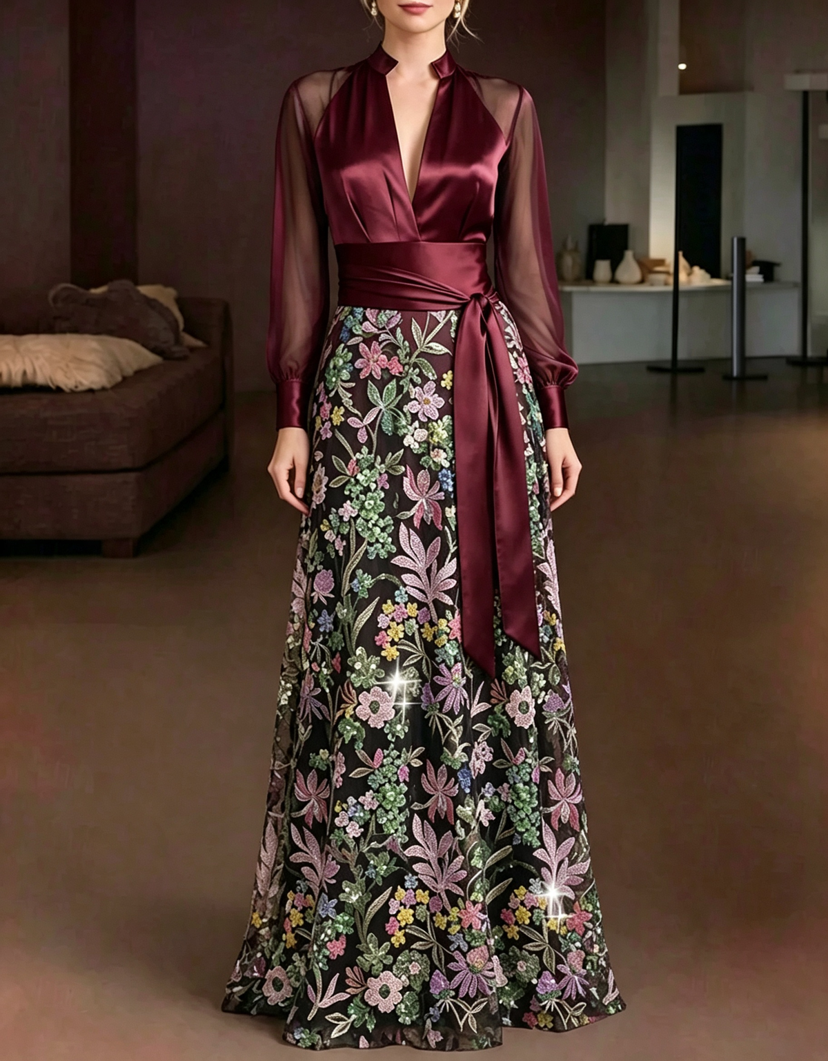 Satin Mesh Deep‑V Floral Embroidered A‑Line Evening Maxi Dress
