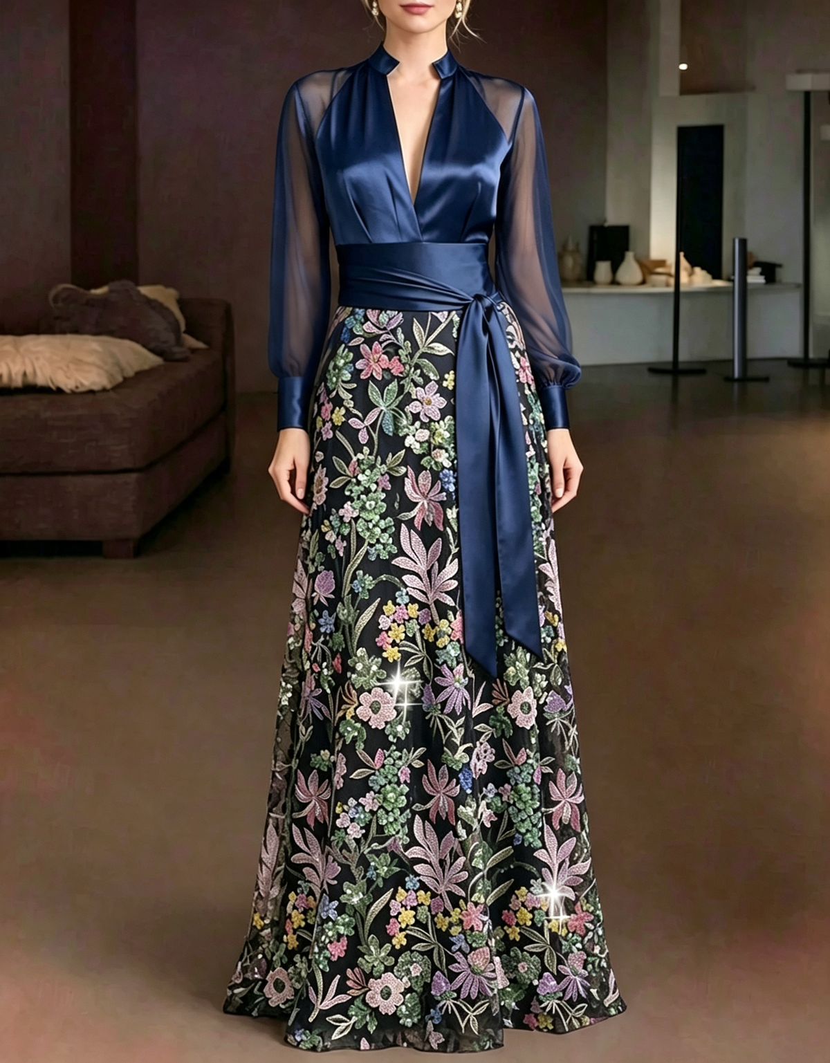 Satin Mesh Deep‑V Floral Embroidered A‑Line Evening Maxi Dress