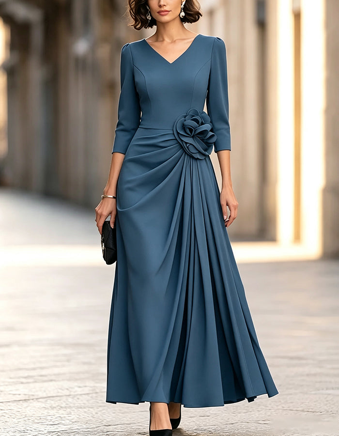 V Neck 3/4 Sleeve Ruched Waist Maxi Dress