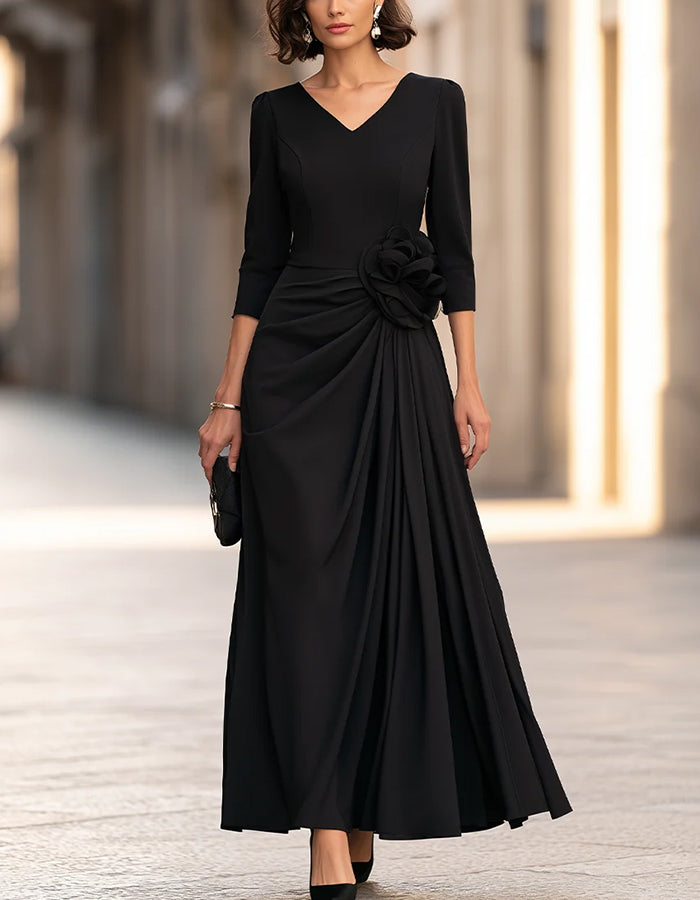 V Neck 3/4 Sleeve Ruched Waist Maxi Dress