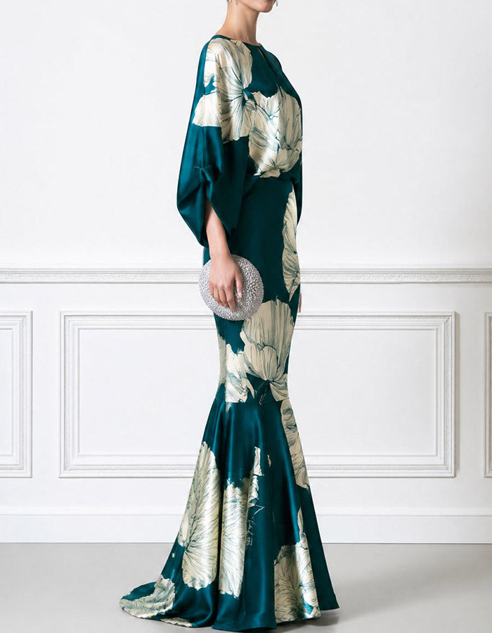 Teal Oversized Floral Print Keyhole Neck Batwing Sleeve Satin Mermaid Maxi Dress