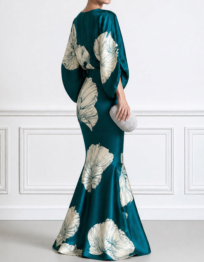 Teal Oversized Floral Print Keyhole Neck Batwing Sleeve Satin Mermaid Maxi Dress