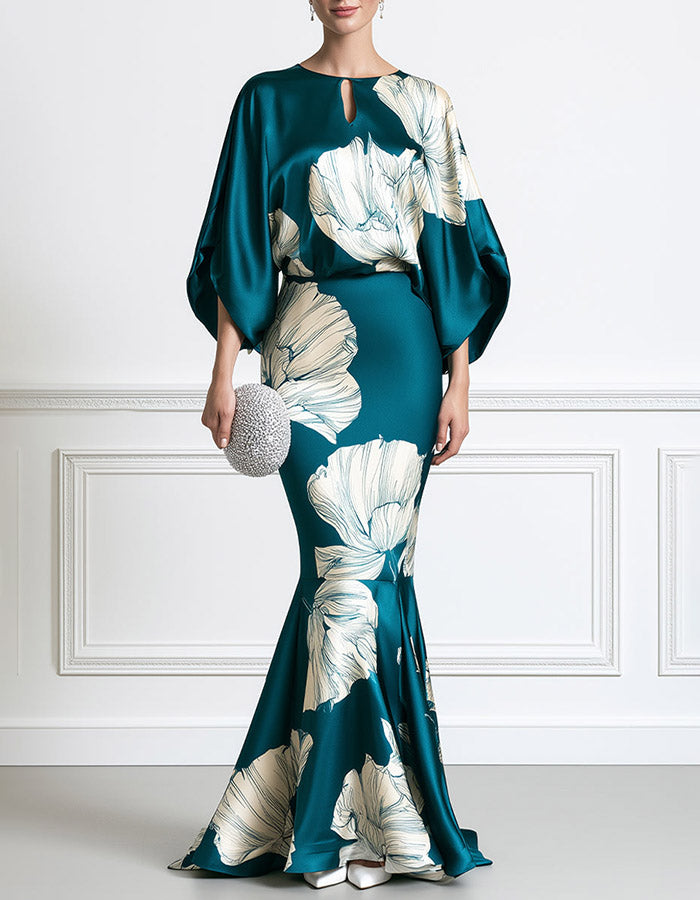 Teal Oversized Floral Print Keyhole Neck Batwing Sleeve Satin Mermaid Maxi Dress