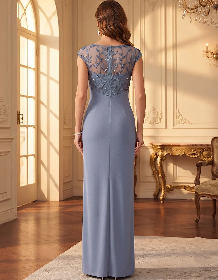 Dusty Blue Lace Sequin Cap Sleeve Twist Waist Slit Maxi Dress