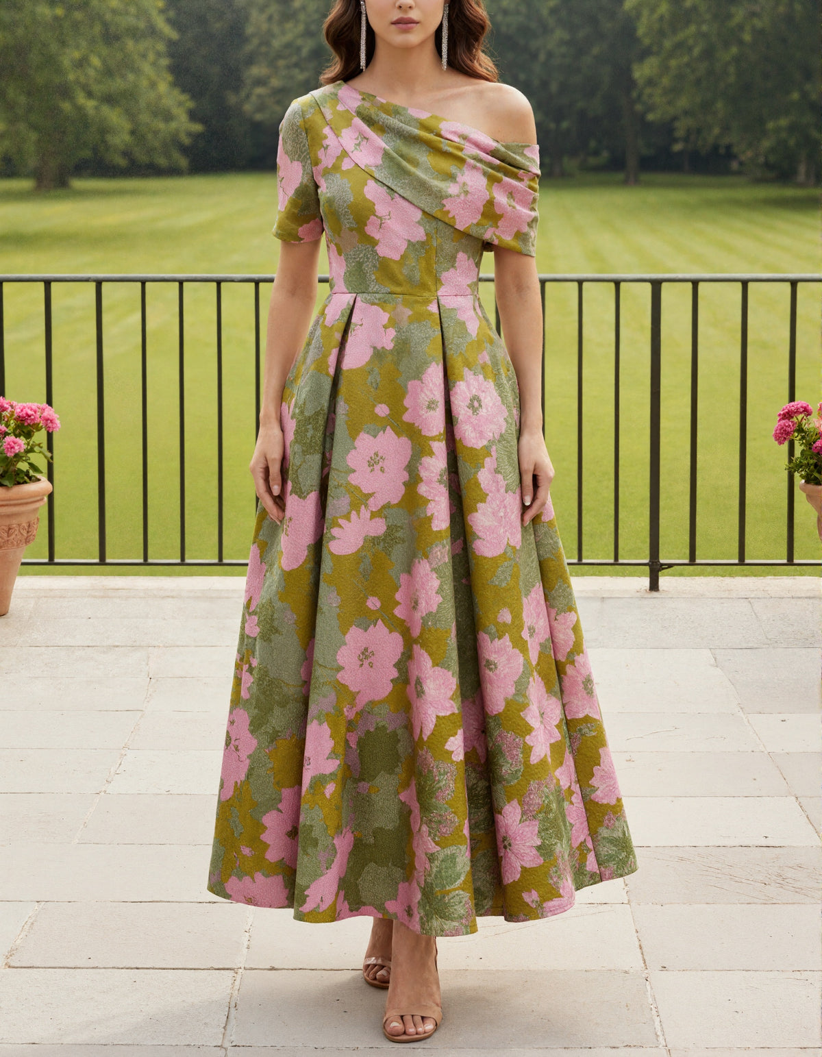Olive Green Base With Pink Floral Print Off Shoulder Design Maxi Dress