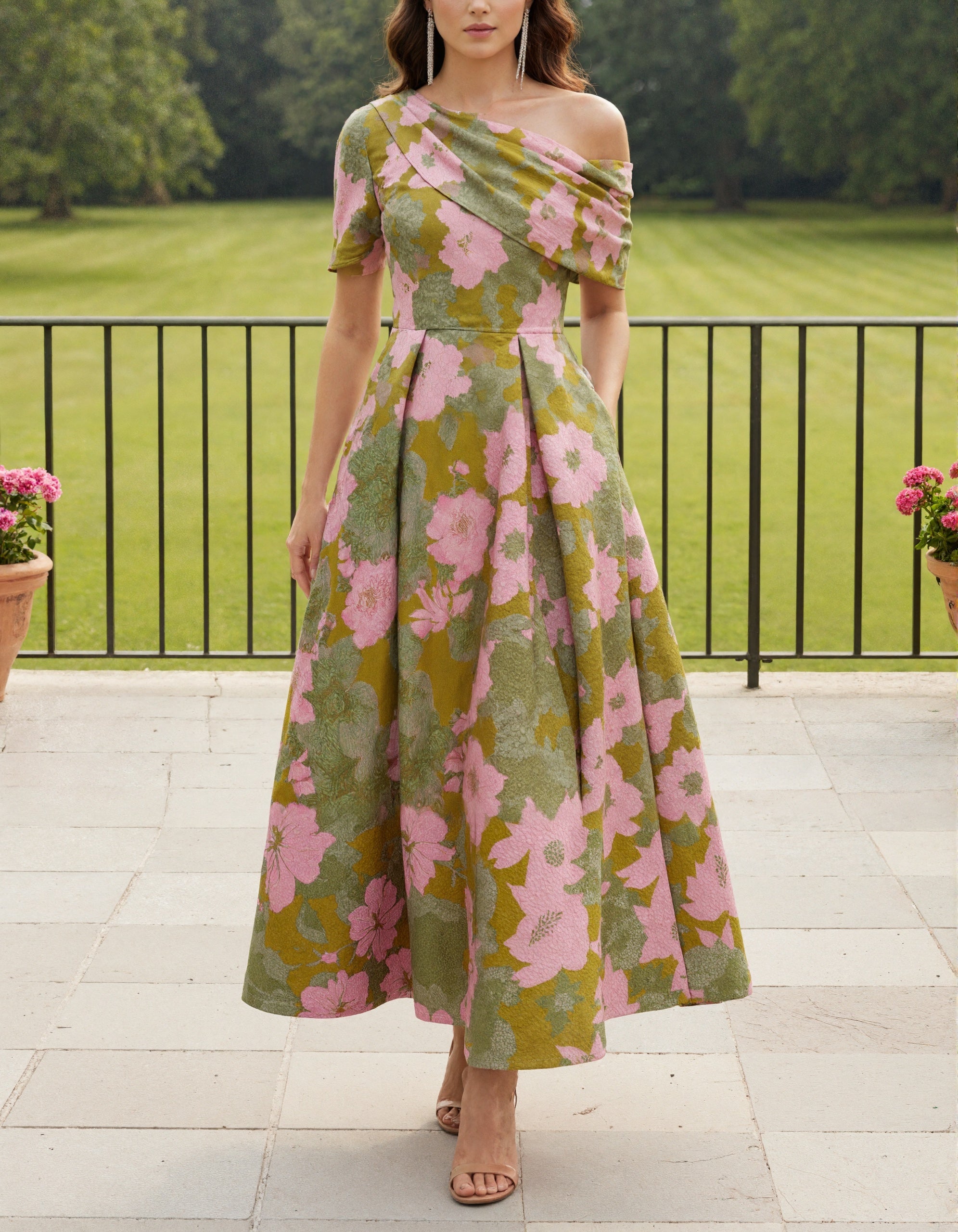 Olive Green Base With Pink Floral Print Off Shoulder Design Maxi Dress