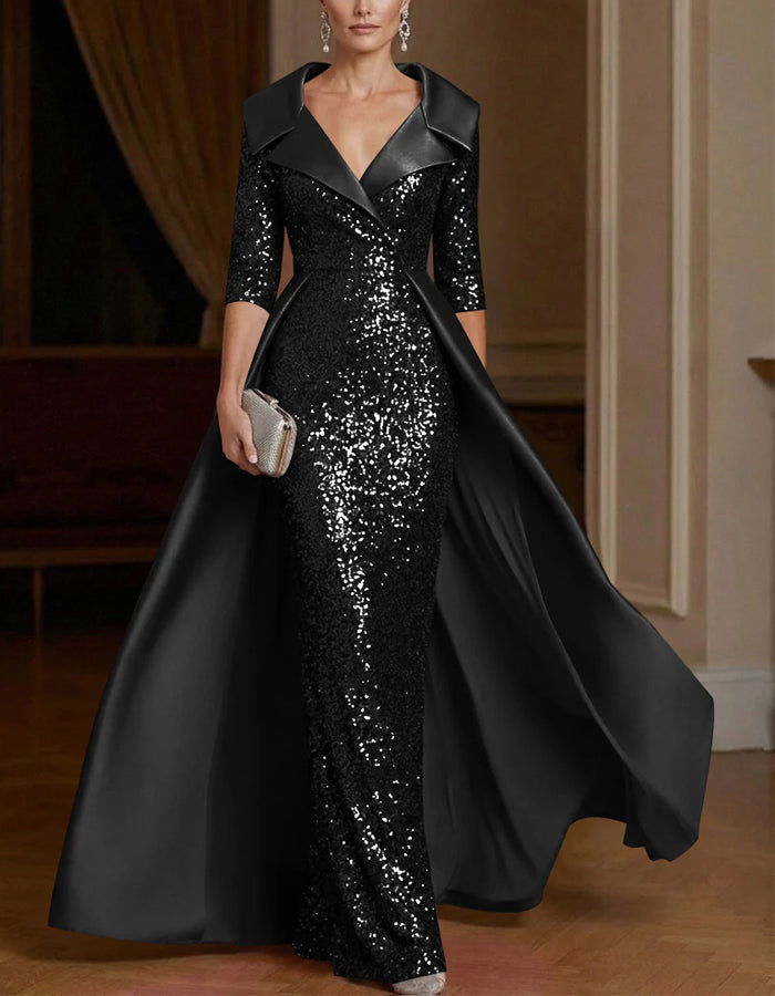 Solid Color Lapel Sequined Satin Maxi Dress