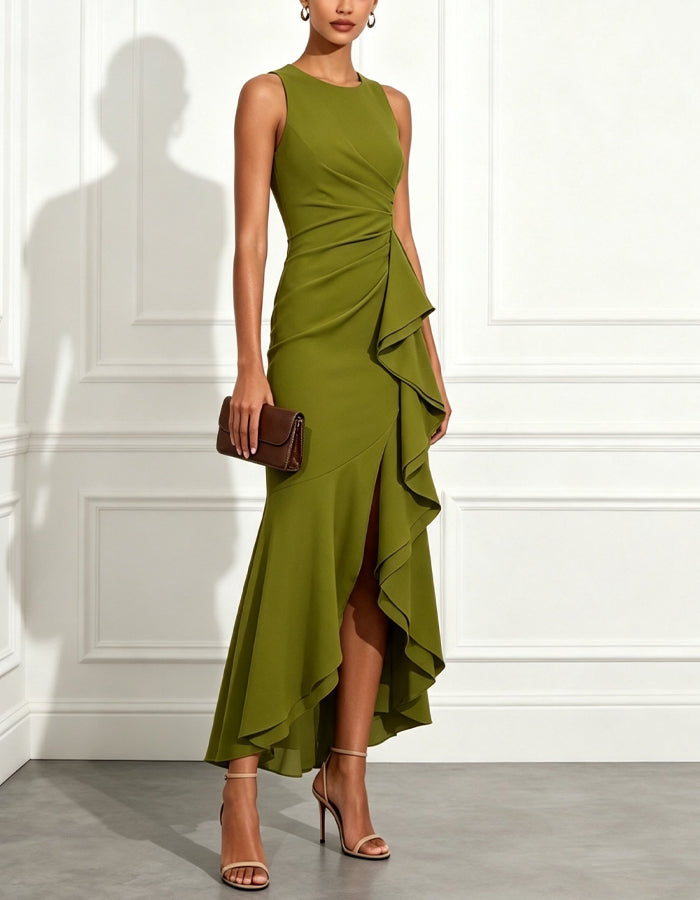 Green Sleeveless Twist Waist Ruffle Slit Maxi Dress