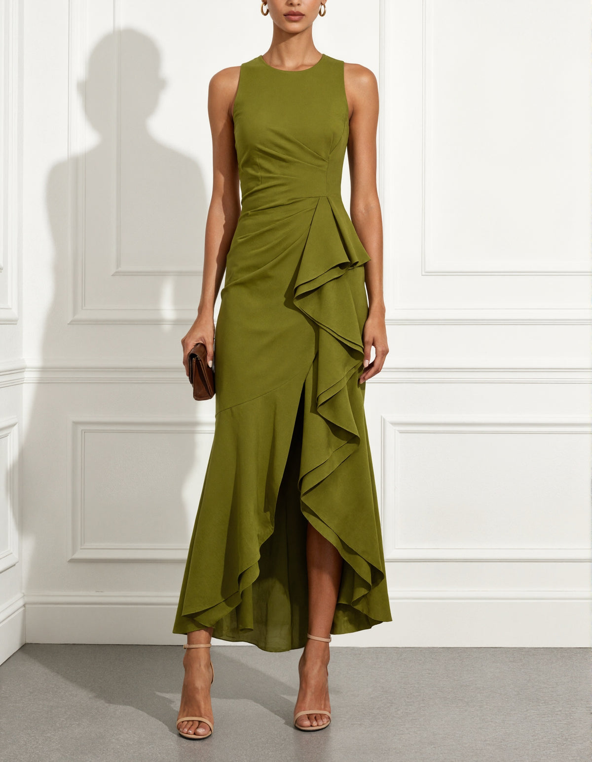 Green Sleeveless Twist Waist Ruffle Slit Maxi Dress