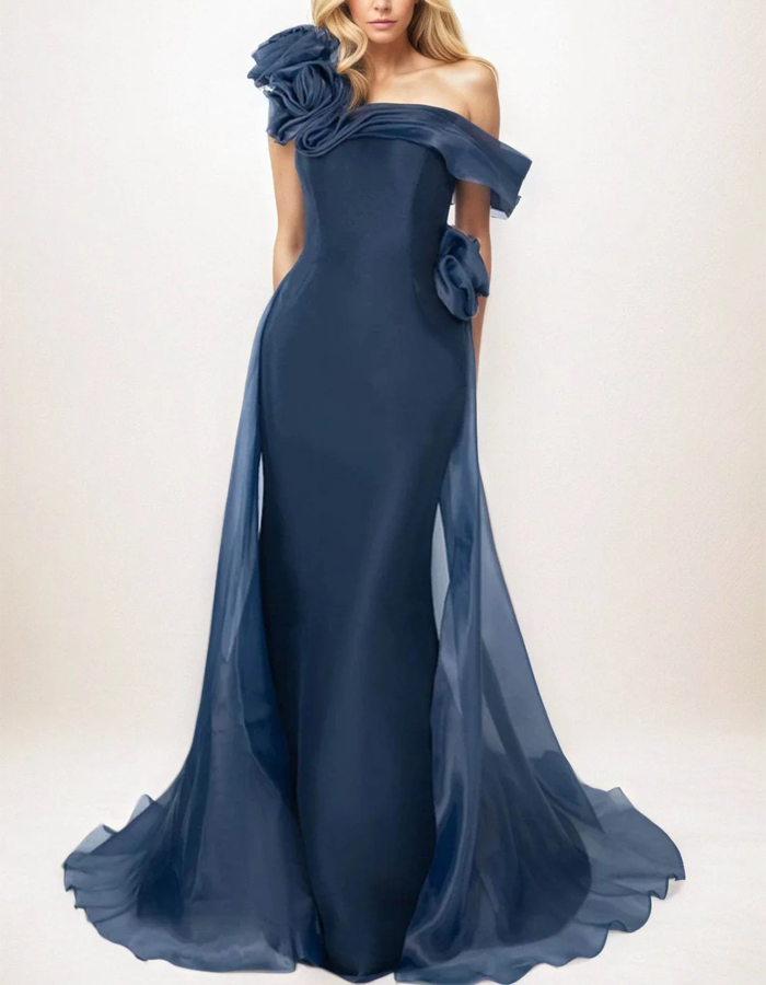 Elegant Satin One-shoulder With 3D Floral Maxi Dress
