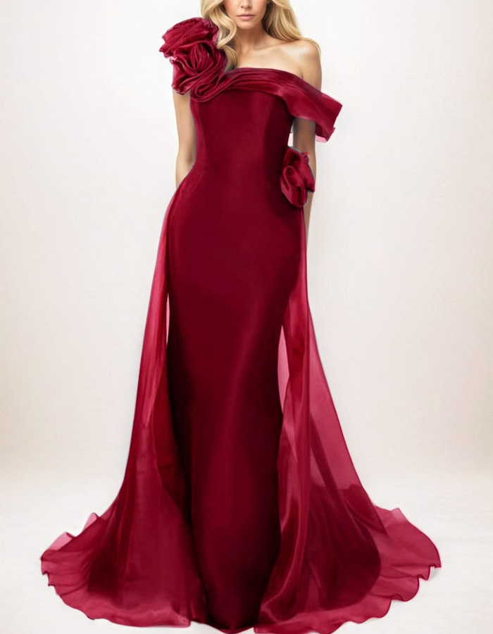 Elegant Satin One-shoulder With 3D Floral Maxi Dress