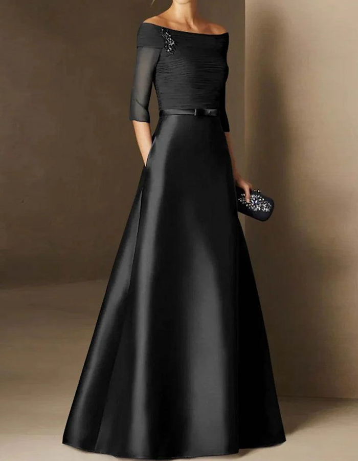 Elegant Off-the-shoulder Boat Neckline Satin A-line Maxi Dress