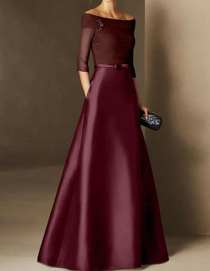 Elegant Off-the-shoulder Boat Neckline Satin A-line Maxi Dress