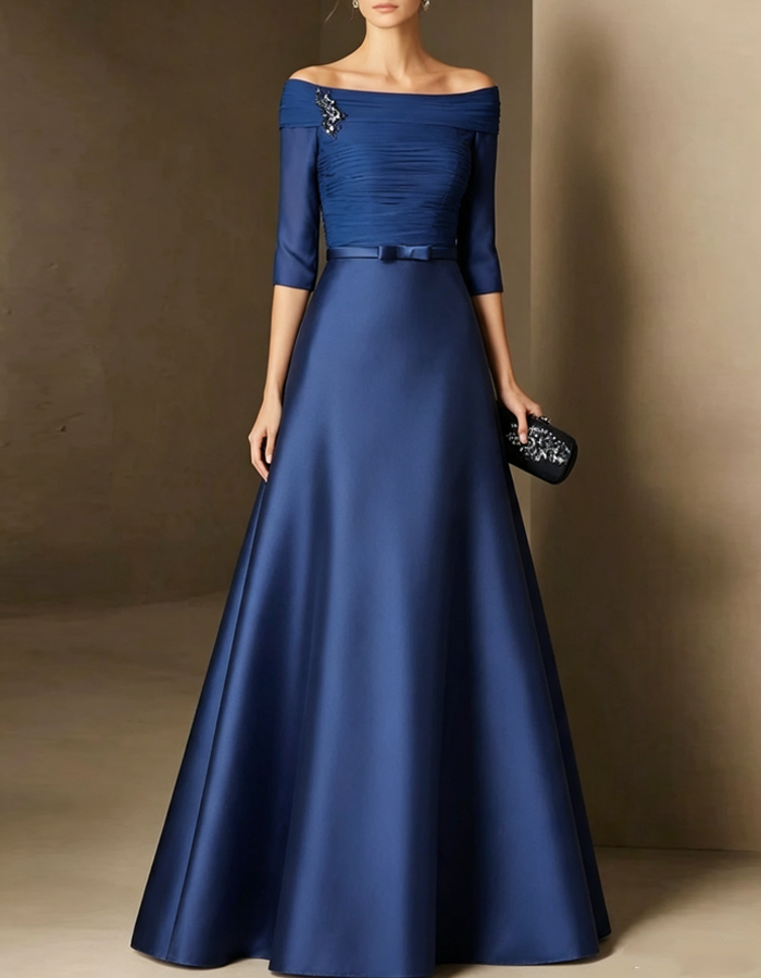 Elegant Off-the-shoulder Boat Neckline Satin A-line Maxi Dress