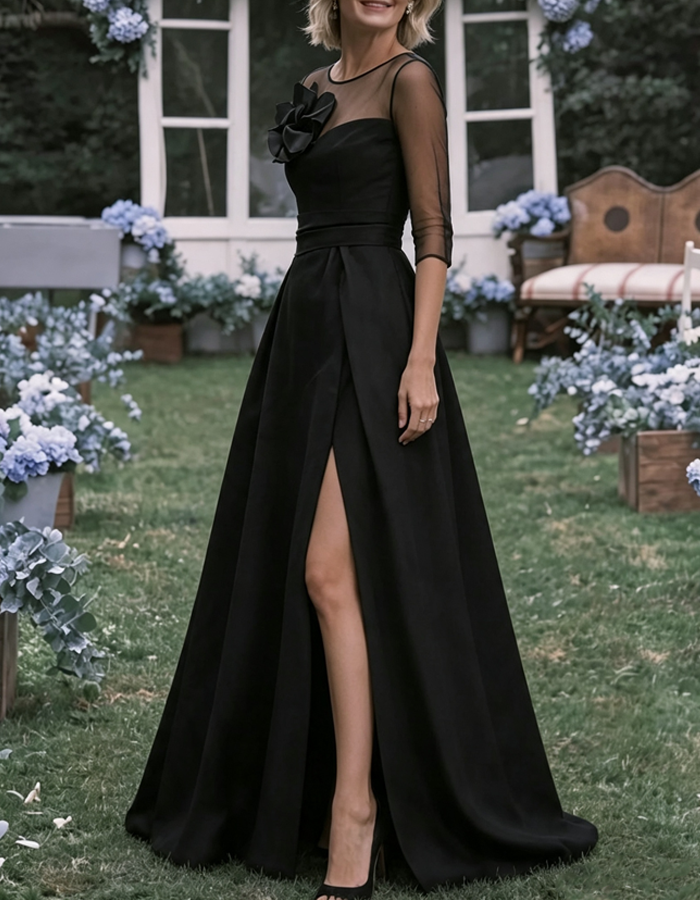 Elegant Tulle Round Neck With 3D Floral Satin A-line Maxi Dress