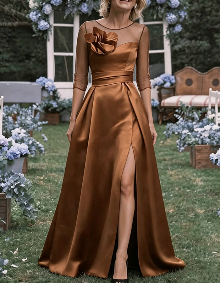 Elegant Tulle Round Neck With 3D Floral Satin A-line Maxi Dress